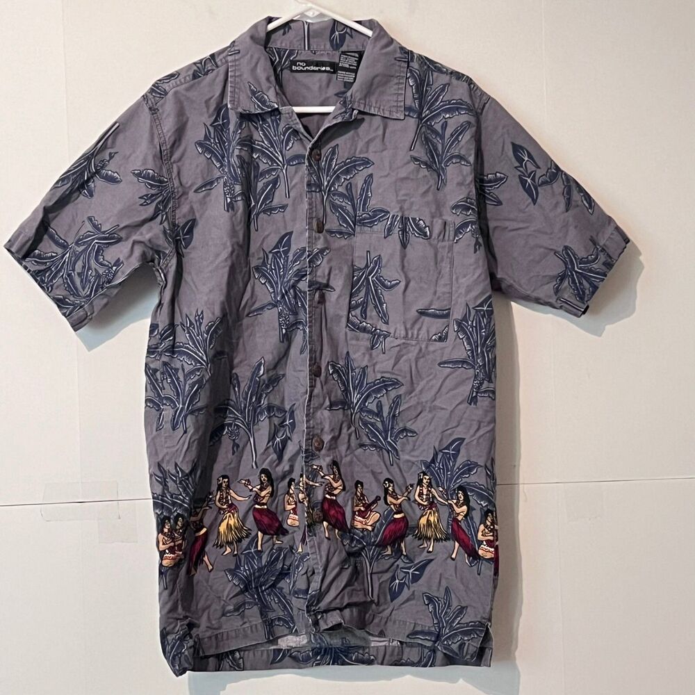 Vintage No Boundaries Mens Hawaiian Shirt Size M Grey Floral Aloha Hula Girl